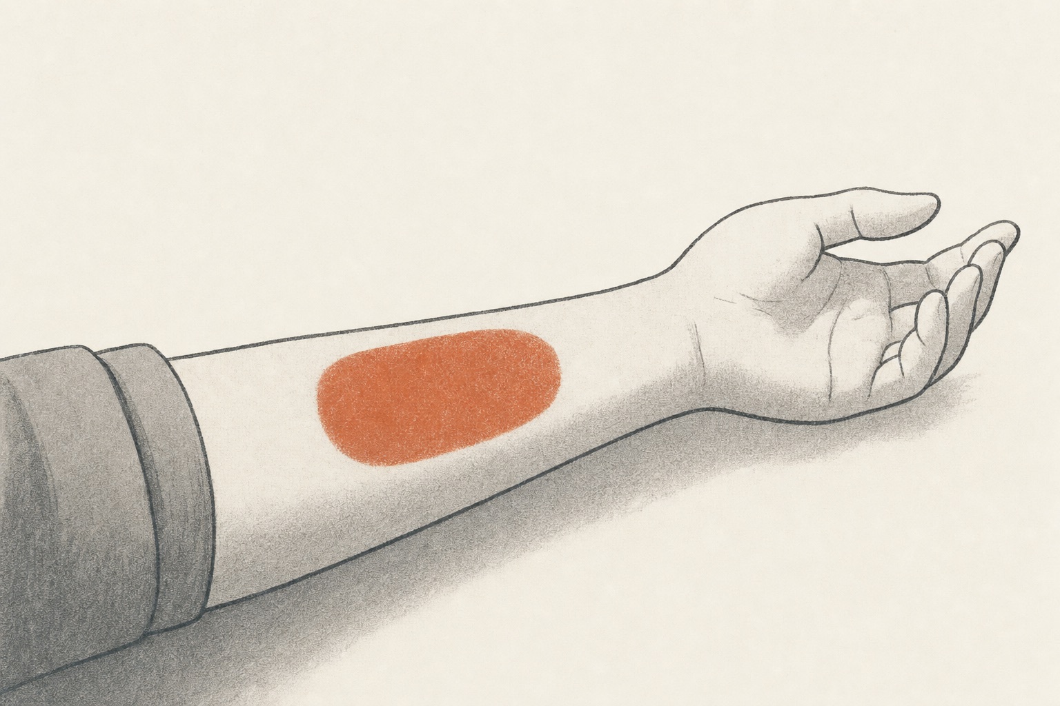 Ilustração editorial de um trecho de pele com uma área anestesiada em terracota.
