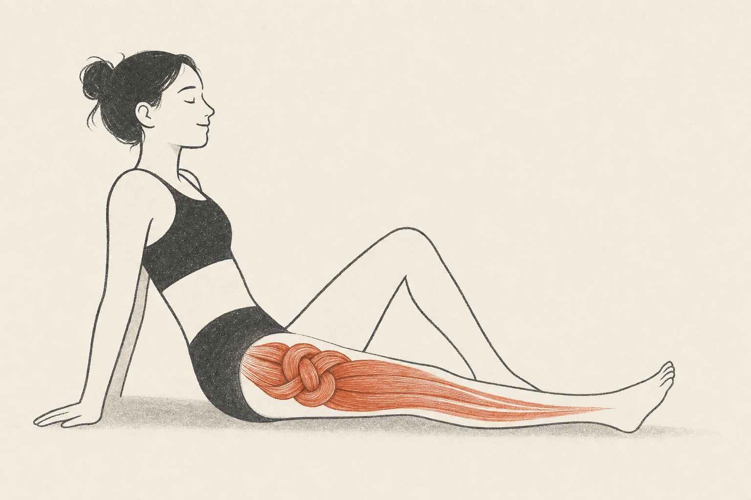 Ilustração editorial de uma fibra muscular relaxando de um nó em terracota para um fio liso.