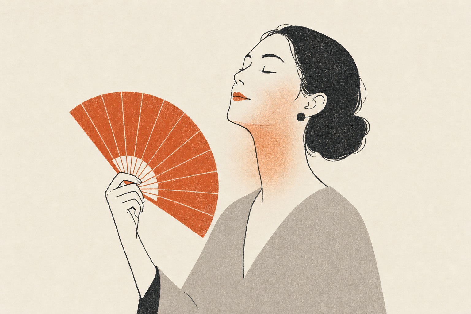 Ilustração editorial de uma mulher se abanando, com um calor em terracota subindo pelo rosto.