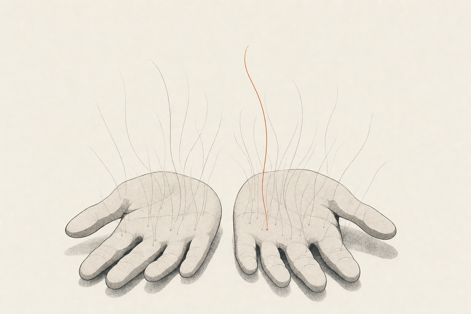 Ilustração editorial da neuropatia de fibras finas: filamentos nervosos delicados nas mãos.