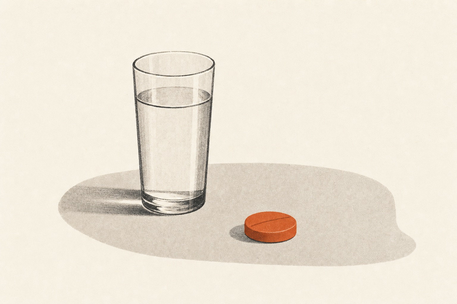 Ilustração editorial de um comprimido branco ao lado de um copo d'água, com calma em terracota.