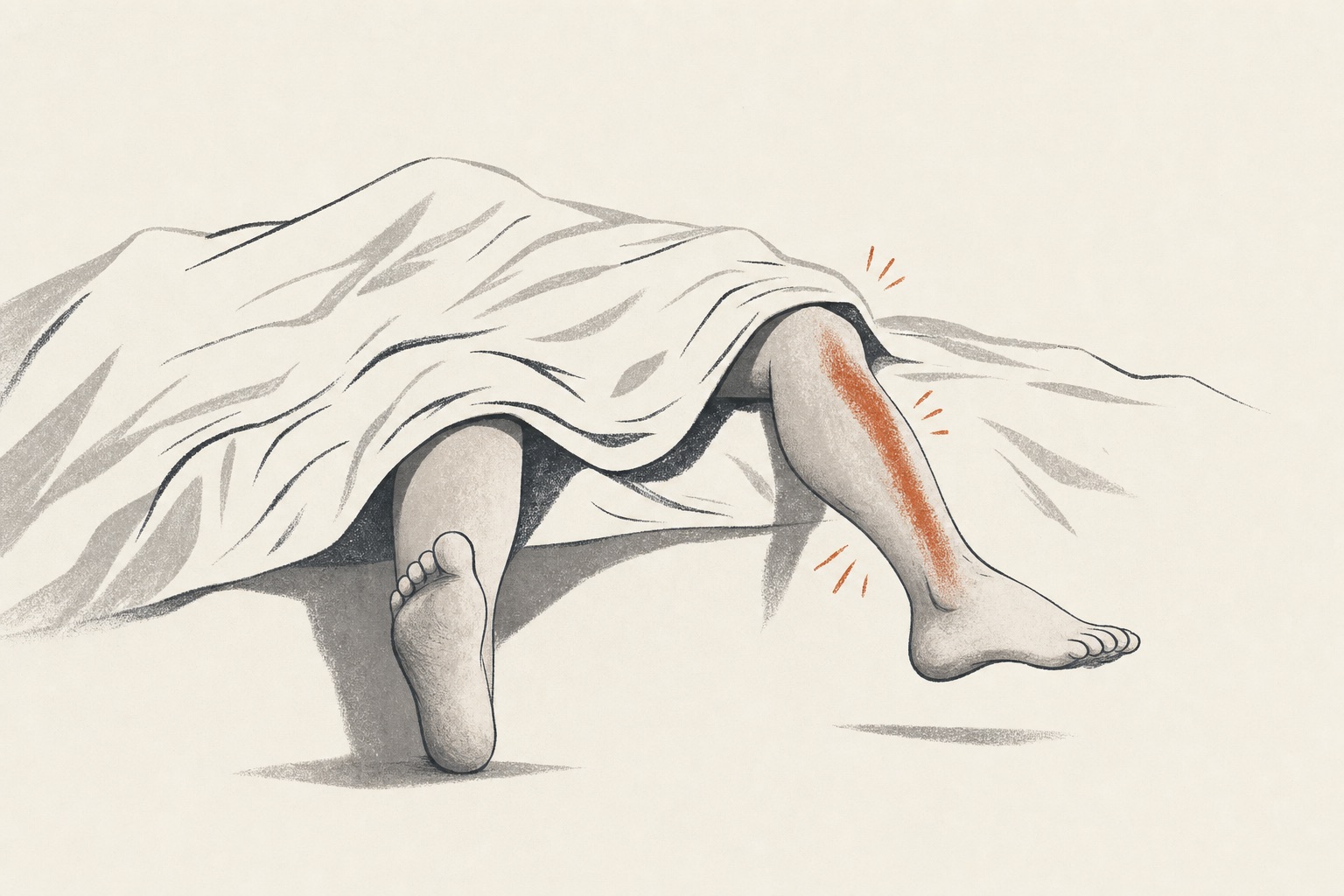 Ilustração editorial de pernas sob o lençol à noite, uma delas em movimento inquieto com brilho em terracota.