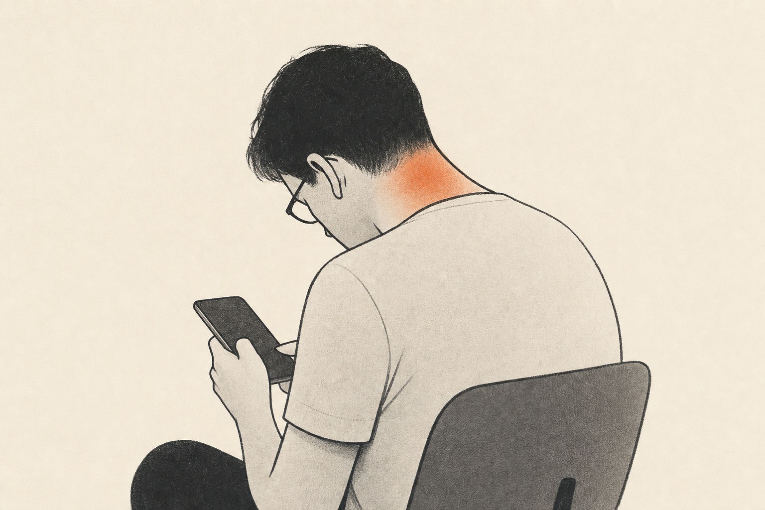 Ilustração editorial de uma pessoa curvada sobre o celular por muito tempo, com a base da nuca destacada em terracota, mostrando onde a tensão se acumula.