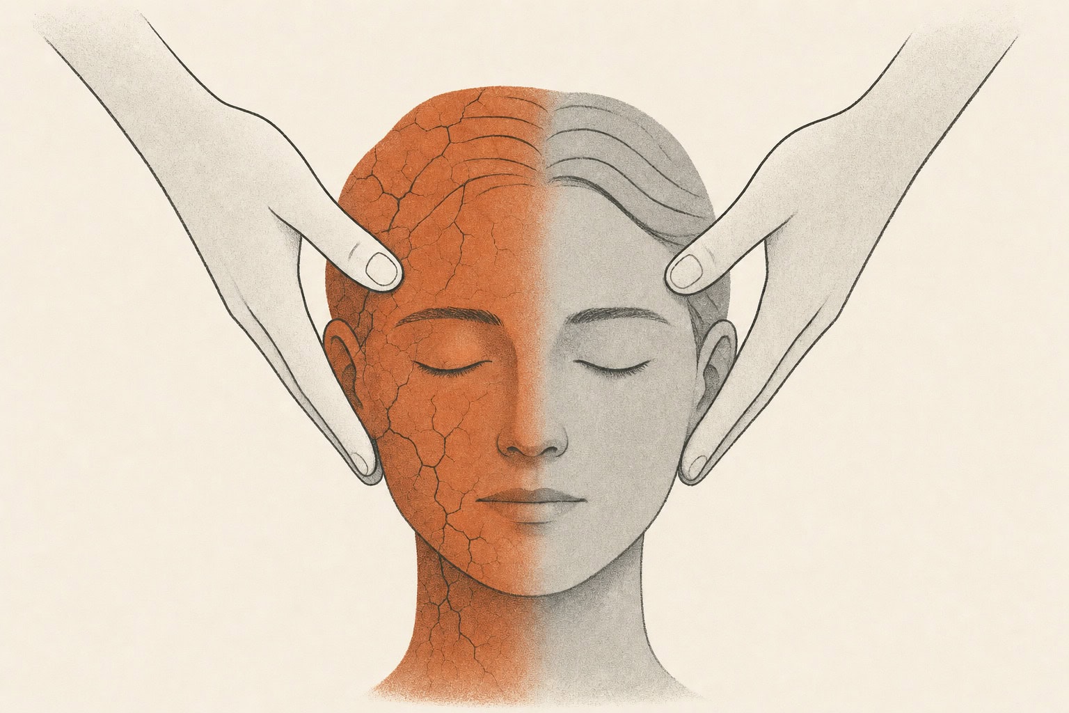 Ilustração editorial de duas mãos massageando as têmporas, com a dor em terracota suavizando.
