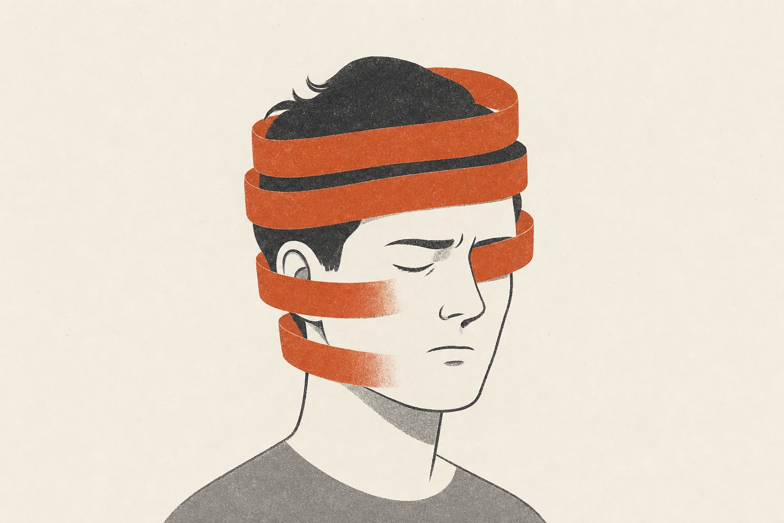 Ilustração editorial de uma cabeça cercada por uma faixa de pressão em terracota.