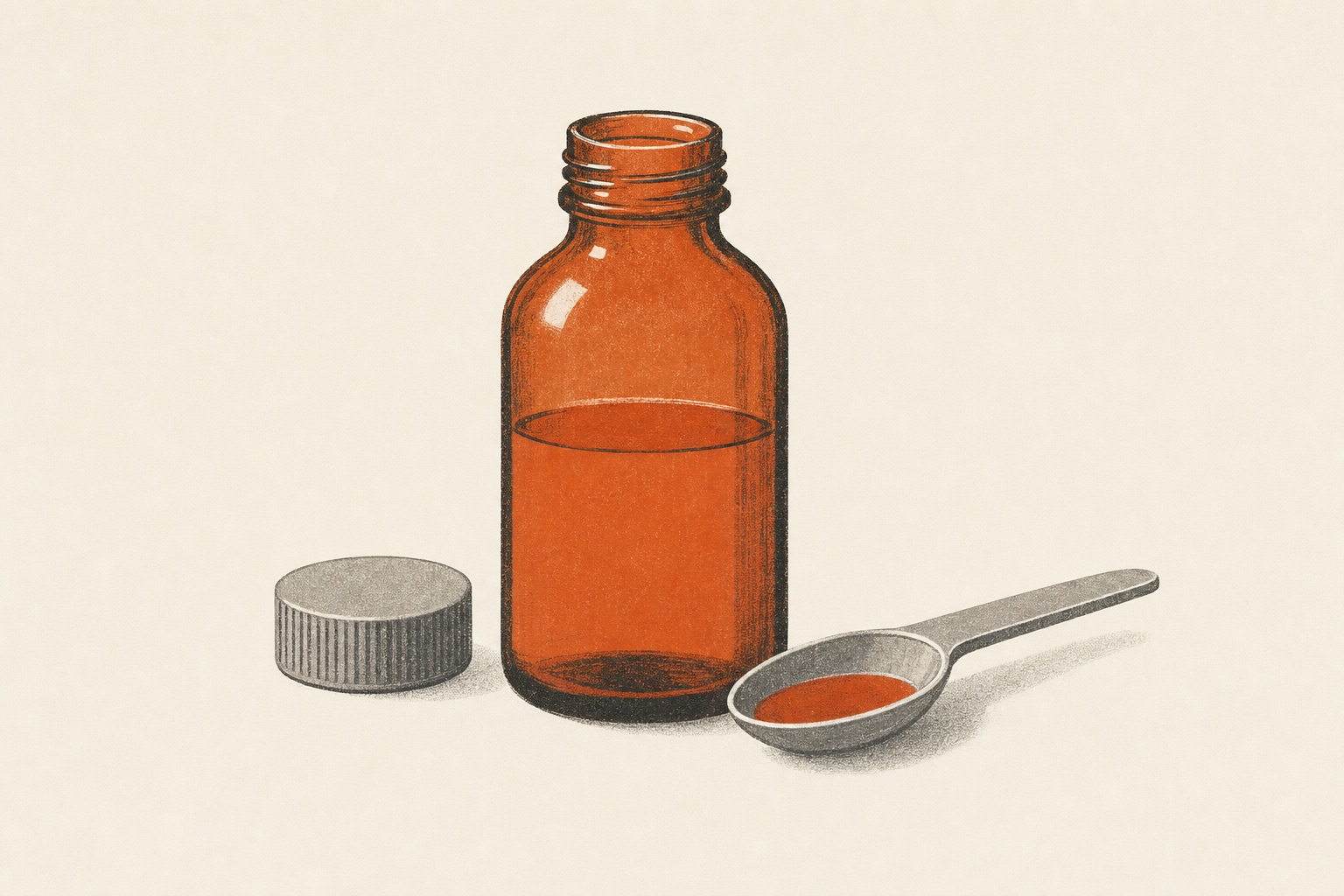 Guia de remédios para dor 5 Ilustração editorial de um frasco de medicamento com a tampa ao lado e uma colher medidora, representando uso cuidadoso e dose controlada