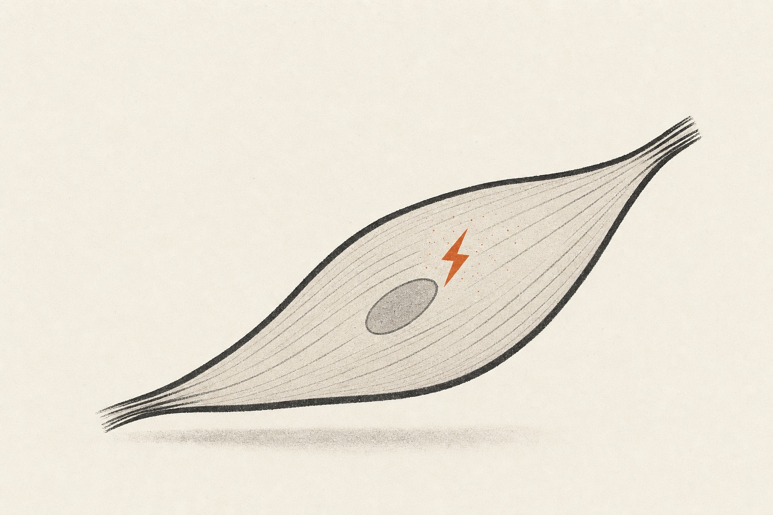 Ilustração editorial de uma fibra estilizada com uma faísca de energia em terracota.