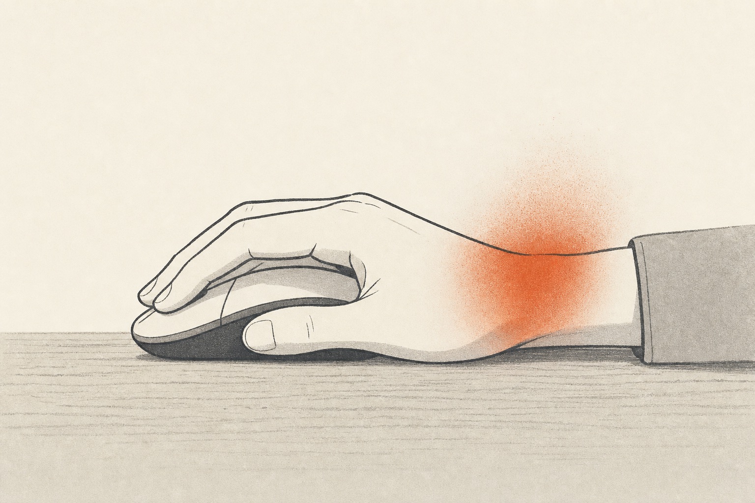 Ilustração editorial de uma mão segurando o pulso, com o trajeto do tendão destacado em terracota.
