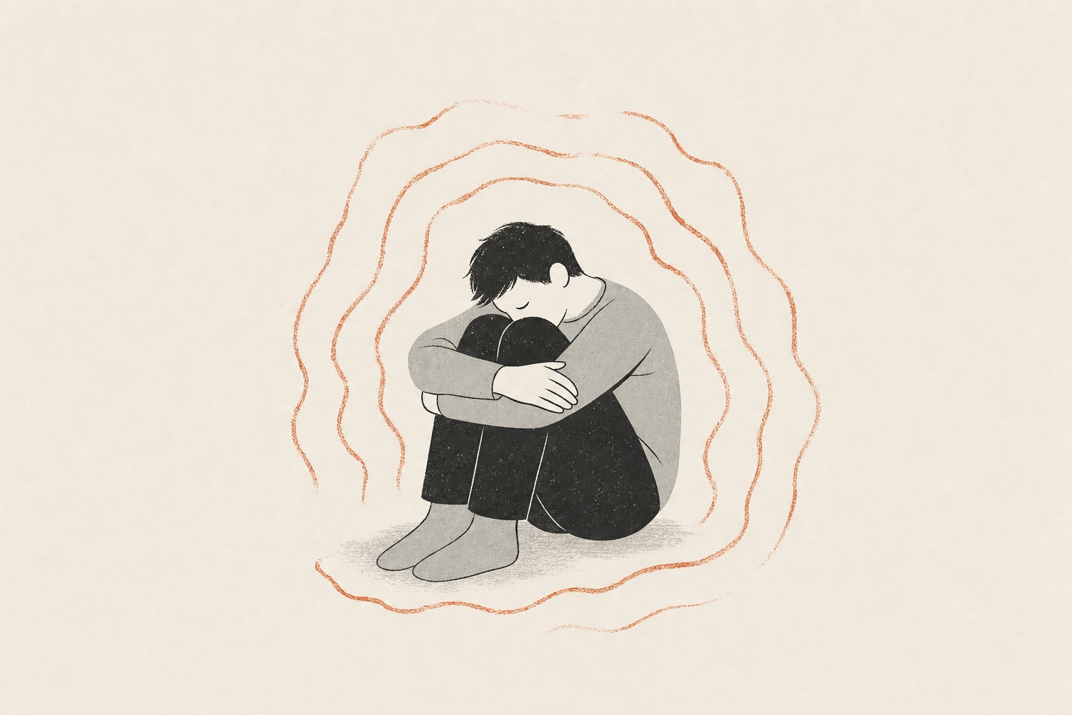 Ilustração editorial de uma pessoa encolhida abraçando os joelhos, com um tremor suave em terracota.