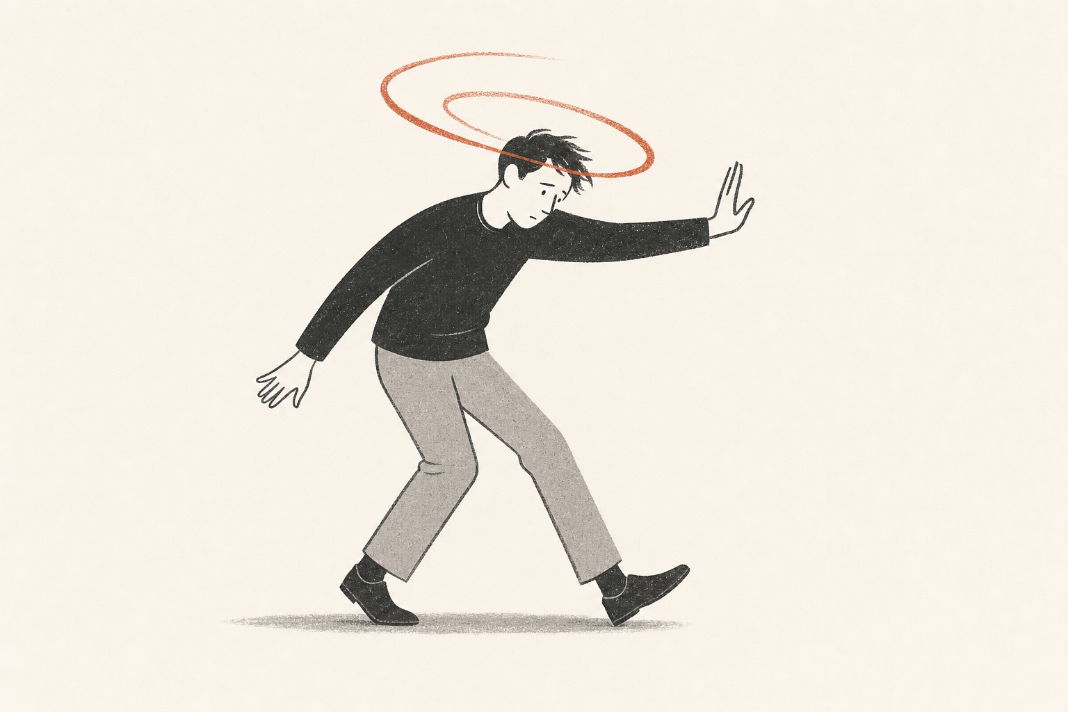 Ilustração editorial de uma pessoa se apoiando para não cair, com um redemoinho em terracota ao redor da cabeça.