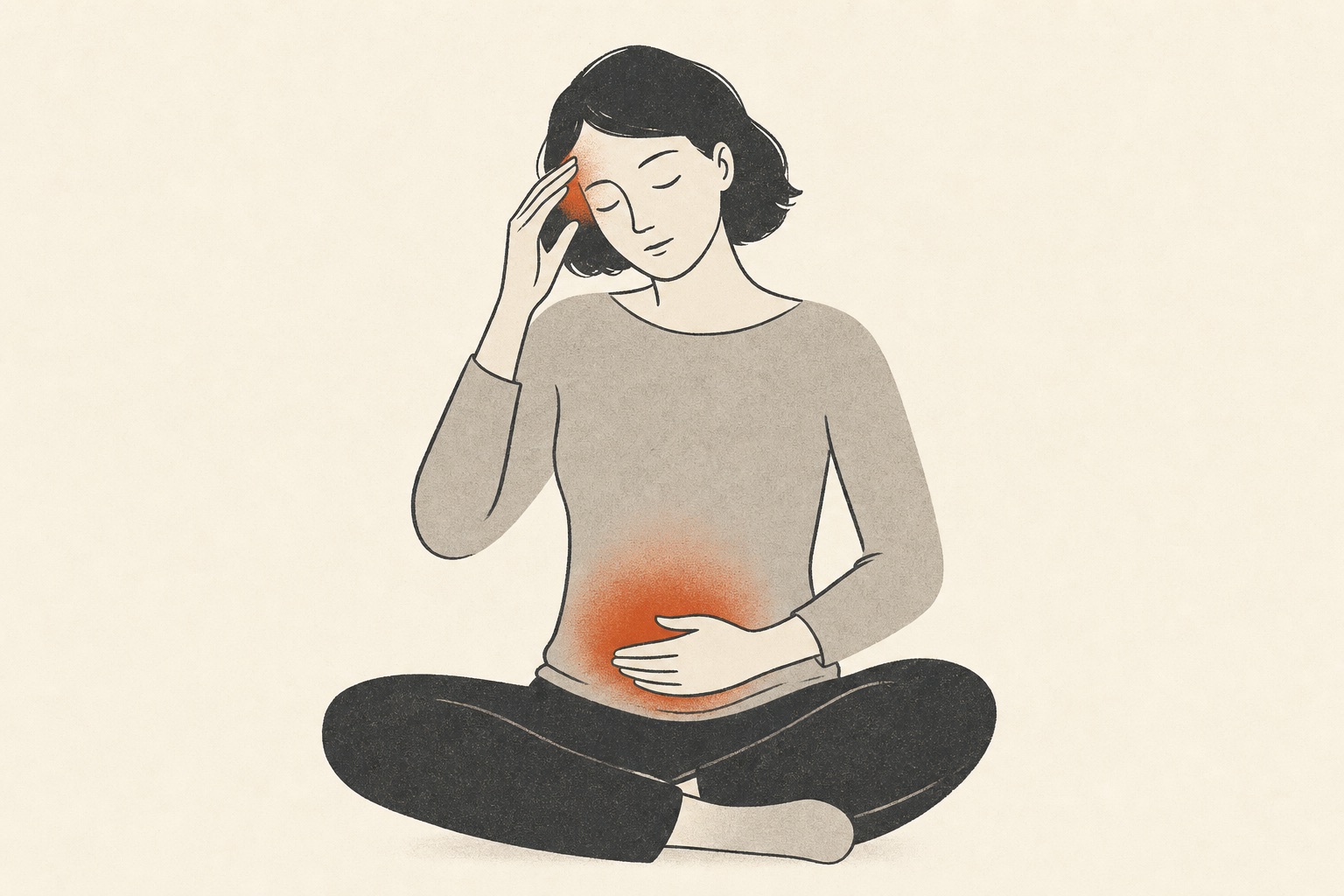 Ilustração editorial de uma mulher com a mão na têmpora e outra na barriga, com brilhos em terracota.