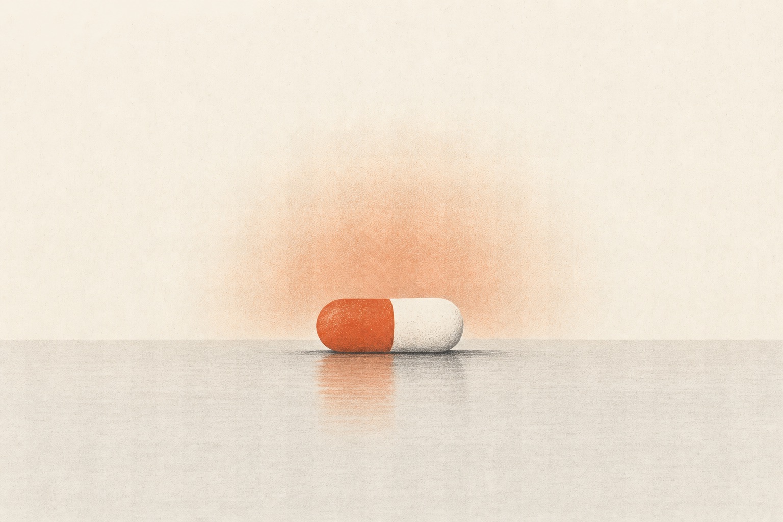 Tramadol para dor 1 Ilustração editorial de uma cápsula em superfície calma, com alívio suave em terracota.
