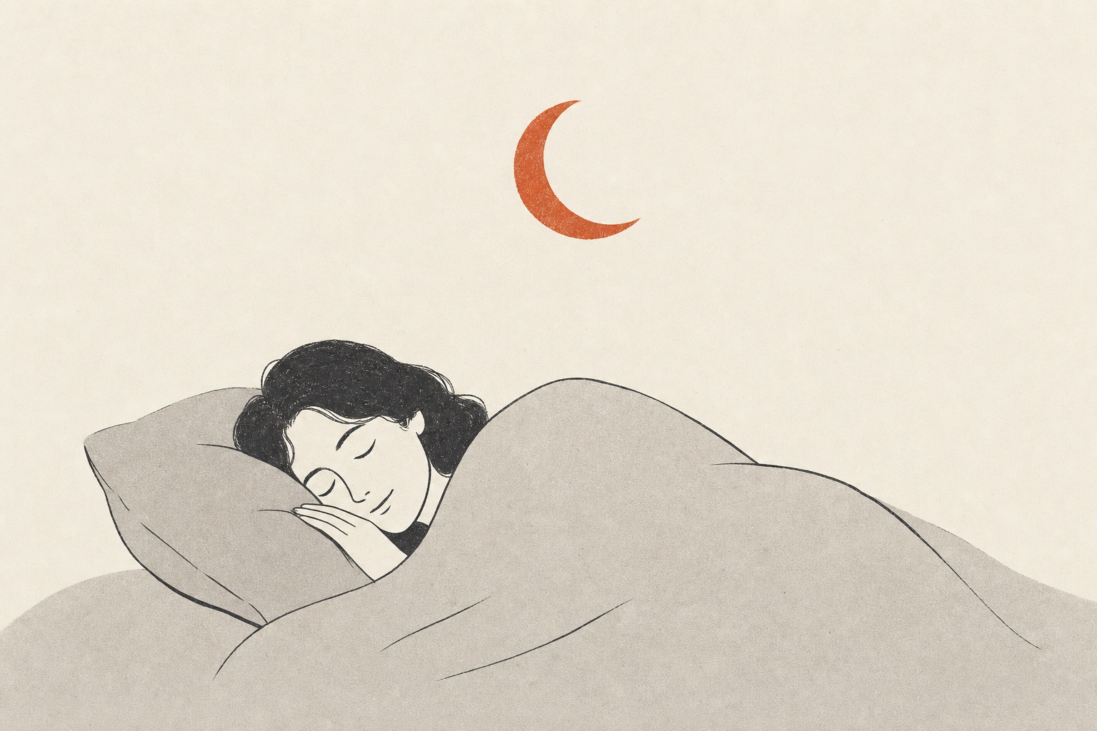 Ilustração editorial de uma pessoa dormindo tranquila sob uma lua minguante, com calma em terracota.