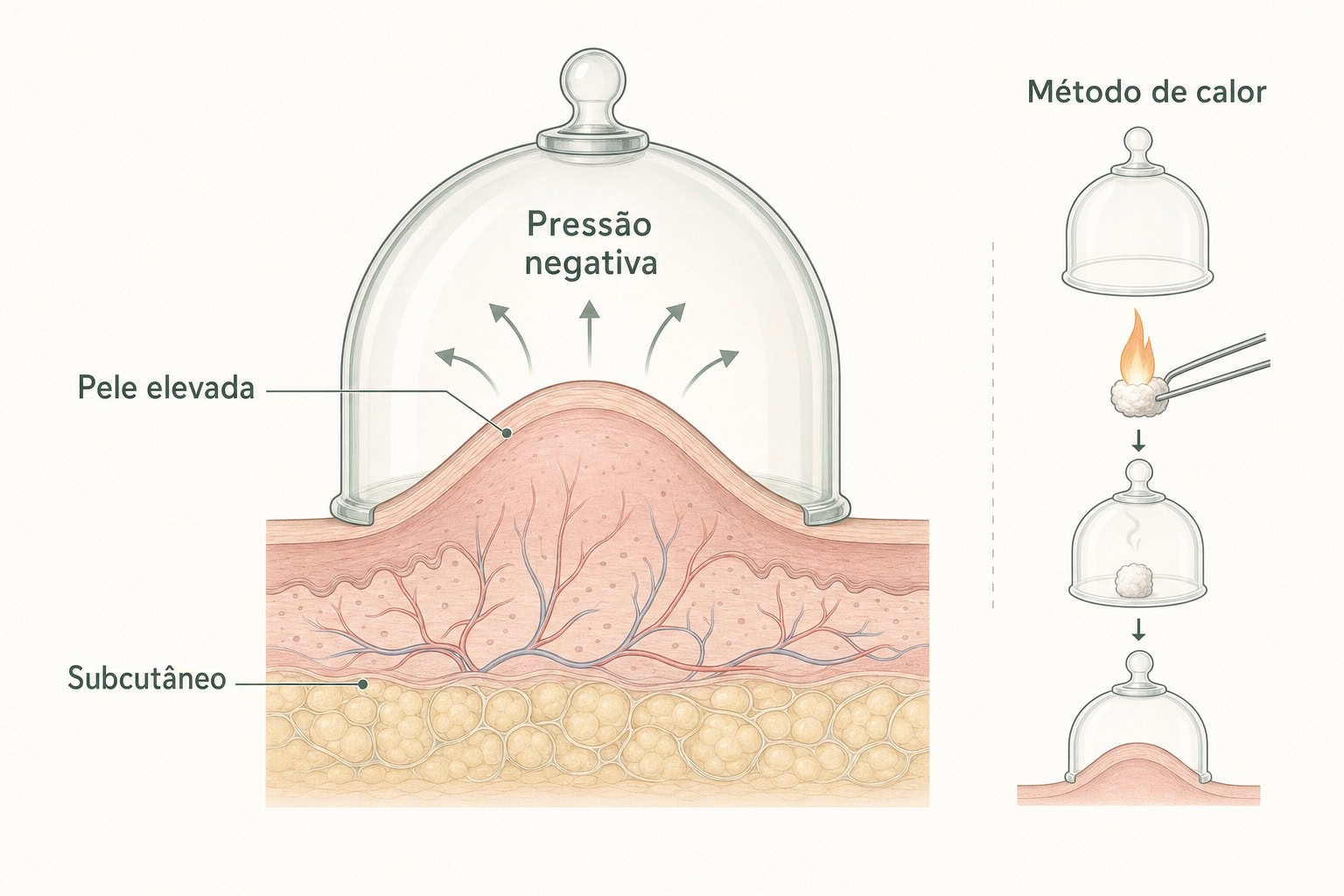 Duas ventosas de vidro aplicadas sobre as costas de uma pessoa, com a pele sugada para dentro de um dos copos e a mao do terapeuta ao lado.
