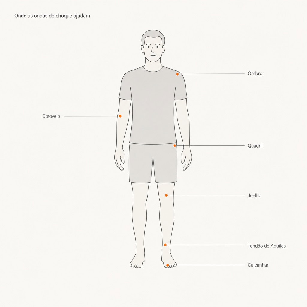 Mapa do corpo em estilo Dieter Rams mostrando onde as ondas de choque ajudam: ombro, cotovelo, quadril, joelho, tendão de Aquiles e calcanhar.