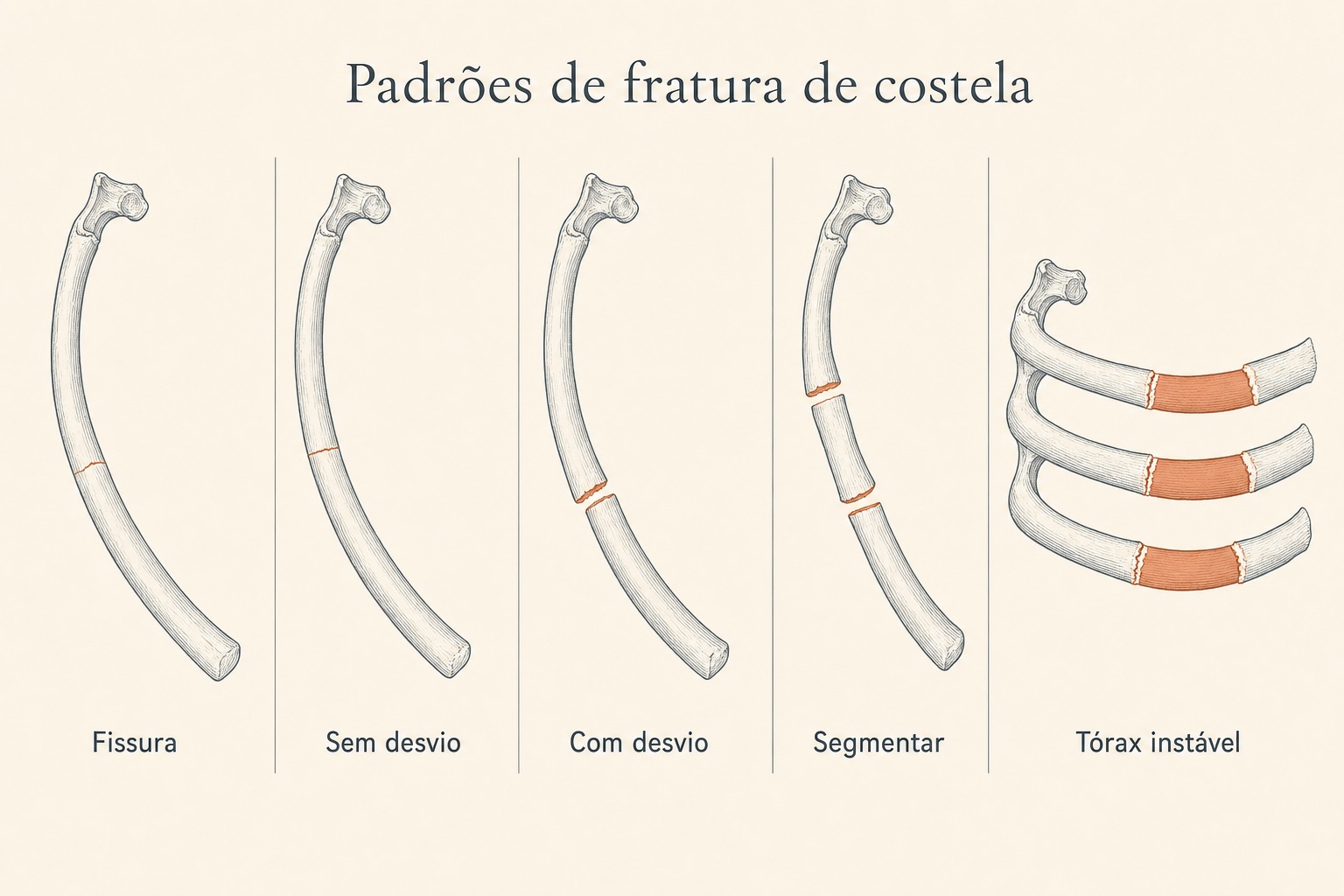 Dor na costela: neurite intercostal, fratura e mais 14 Ilustração comparando cinco padrões de fratura de costela: fissura (fratura incompleta), sem desvio, com desvio, segmentar e tórax instável (flail)