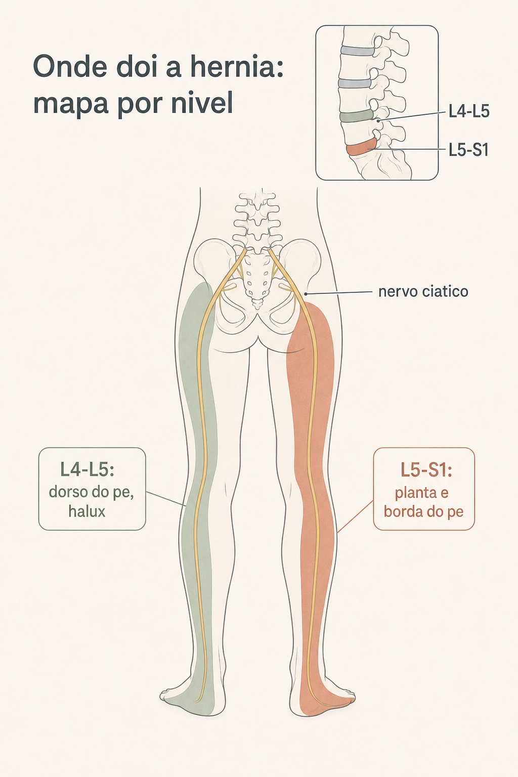 Mapa de onde dói a hérnia de disco por nível: o trajeto da raiz L4-L5 descendo pela lateral da coxa, perna e dorso do pé até o hálux, e o trajeto da raiz L5-S1 pela parte de trás da coxa, panturrilha e borda lateral do pé, seguindo o nervo ciático