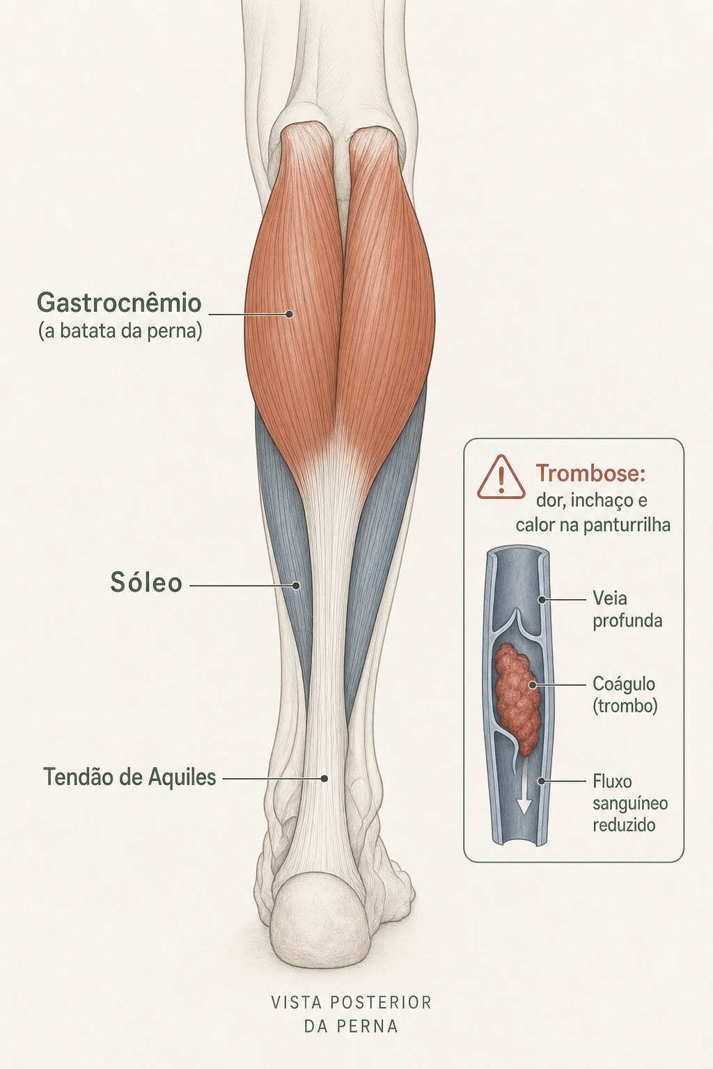 Anatomia posterior da panturrilha (gastrocnêmio, sóleo e tendão de Aquiles), onde nascem a maioria das dores e cãibras musculares da perna.