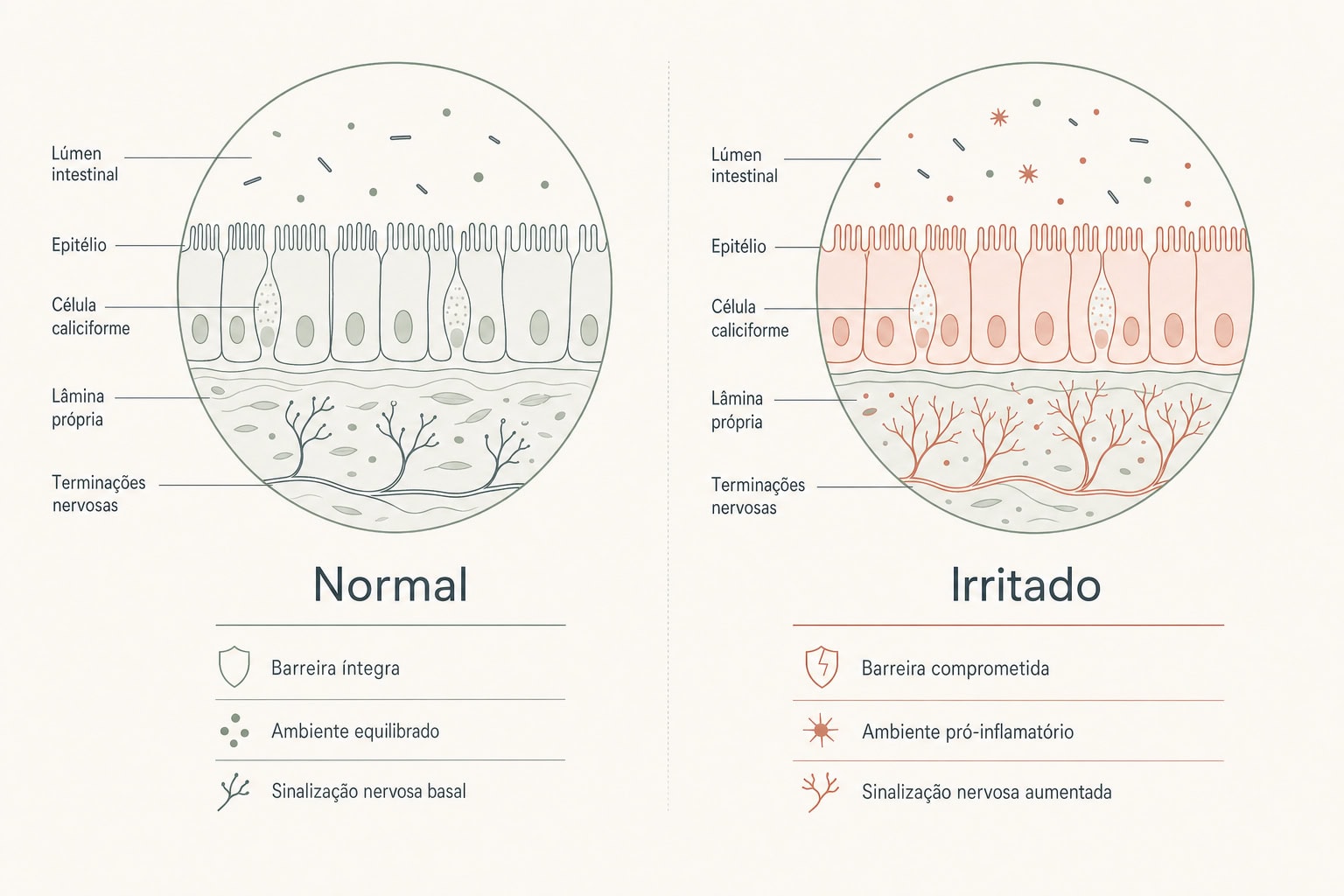 Ilustração da parede intestinal com dois detalhes ampliados da mucosa, um rotulado Normal e outro Irritado.