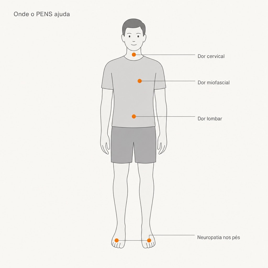 Mapa do corpo mostrando onde o PENS ajuda: dor cervical, dor lombar, dor miofascial e neuropatia nos pés.