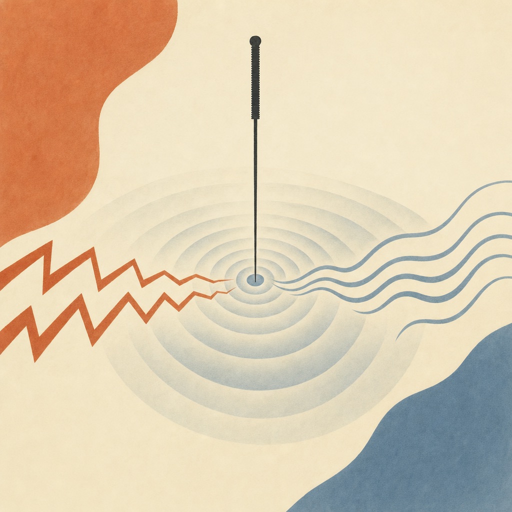 Ilustração editorial abstrata: uma agulha de acupuntura toca um ponto e ondas concêntricas suavizam linhas angulares de dor, que se tornam ondas calmas