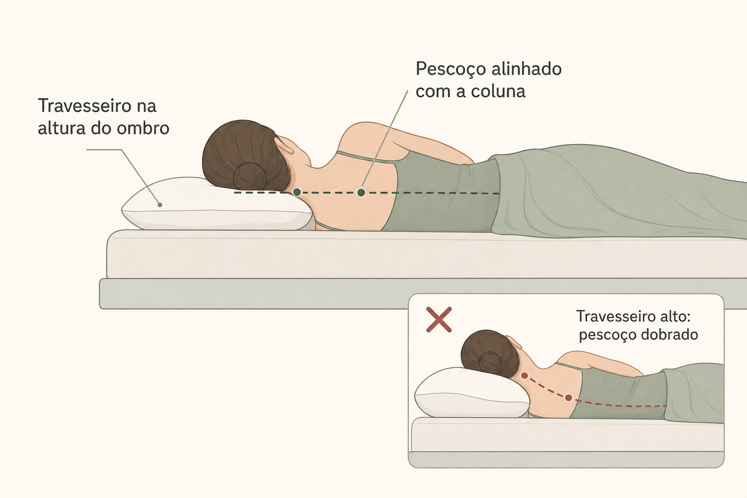 Posição correta para dormir com dor no pescoço: deitado de lado com o travesseiro na altura do ombro, mantendo o pescoço alinhado com a coluna, e um detalhe mostrando a posição errada com travesseiro alto