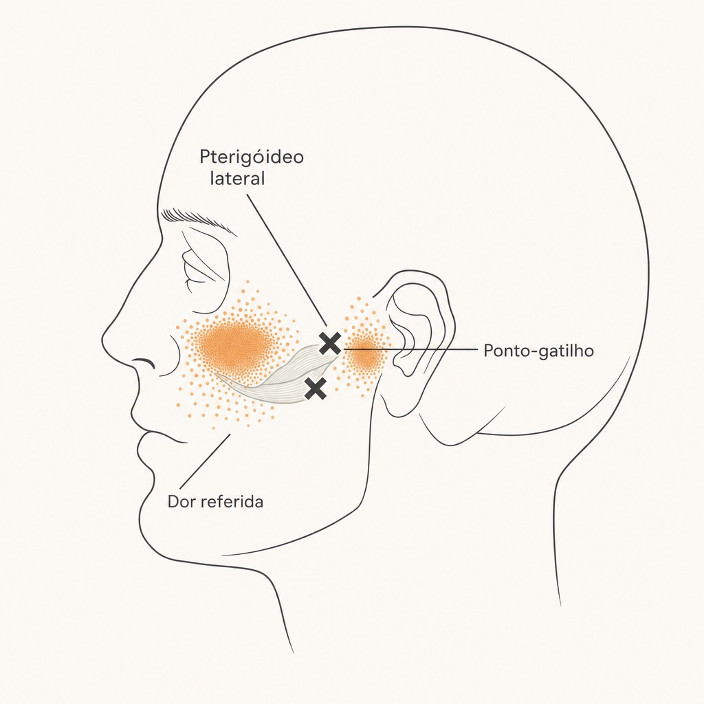 Diagrama do músculo pterigóideo lateral com pontos-gatilho (X) e a dor referida na bochecha e na articulação temporomandibular (ATM).