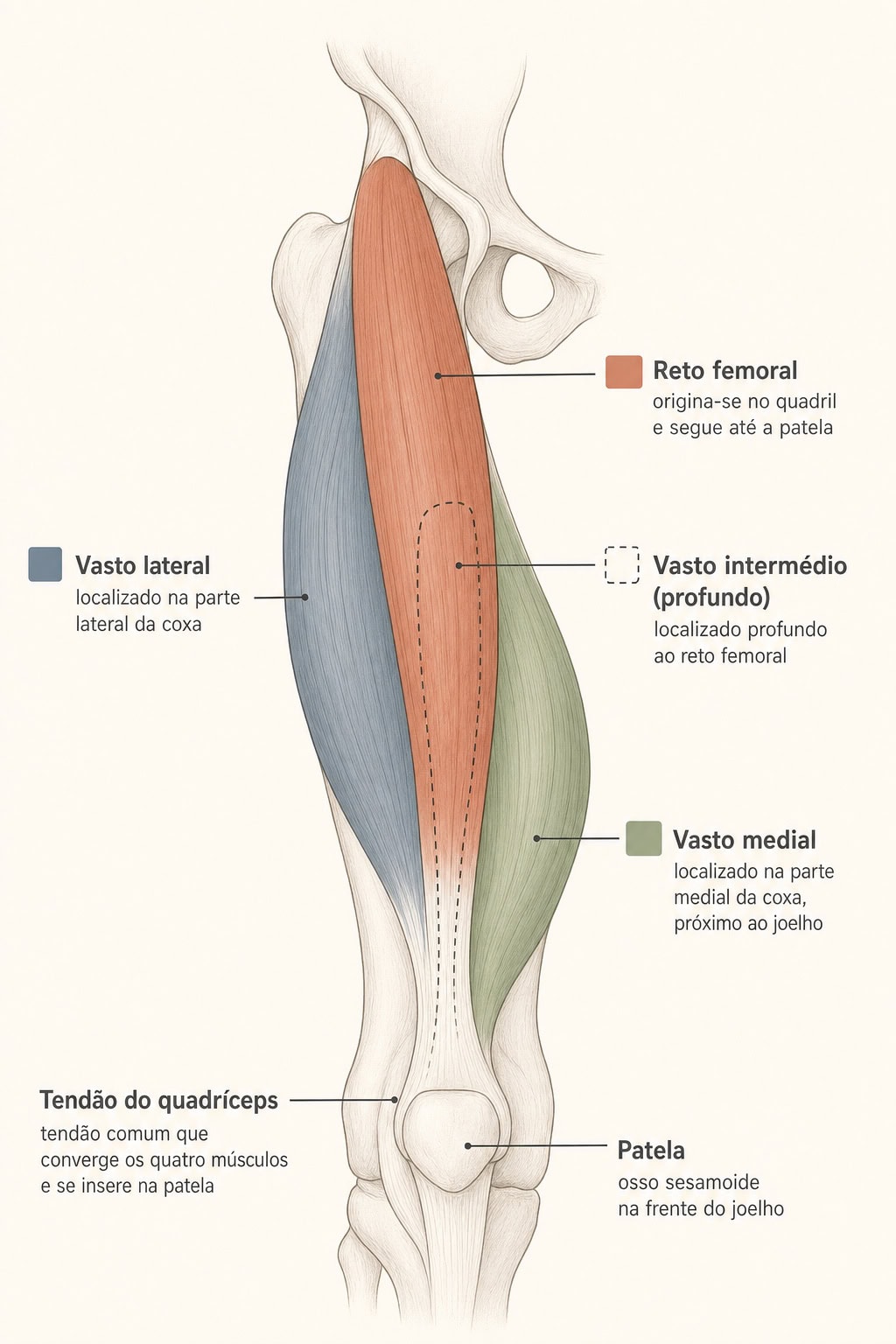 Diagrama dos quatro músculos do quadríceps na vista anterior da coxa: reto femoral ao centro, vasto lateral por fora, vasto medial por dentro e vasto intermédio profundo, convergindo para o tendão na patela