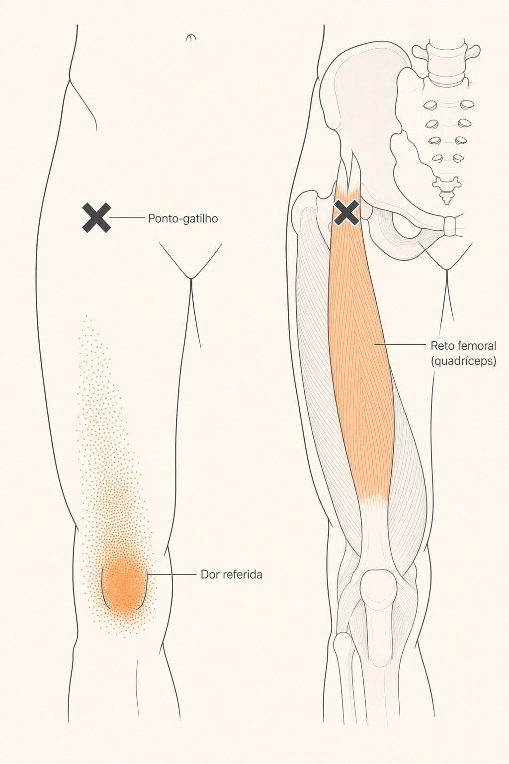 Diagrama do reto femoral (quadríceps) com ponto-gatilho (X) e a dor referida na frente da coxa e no joelho.