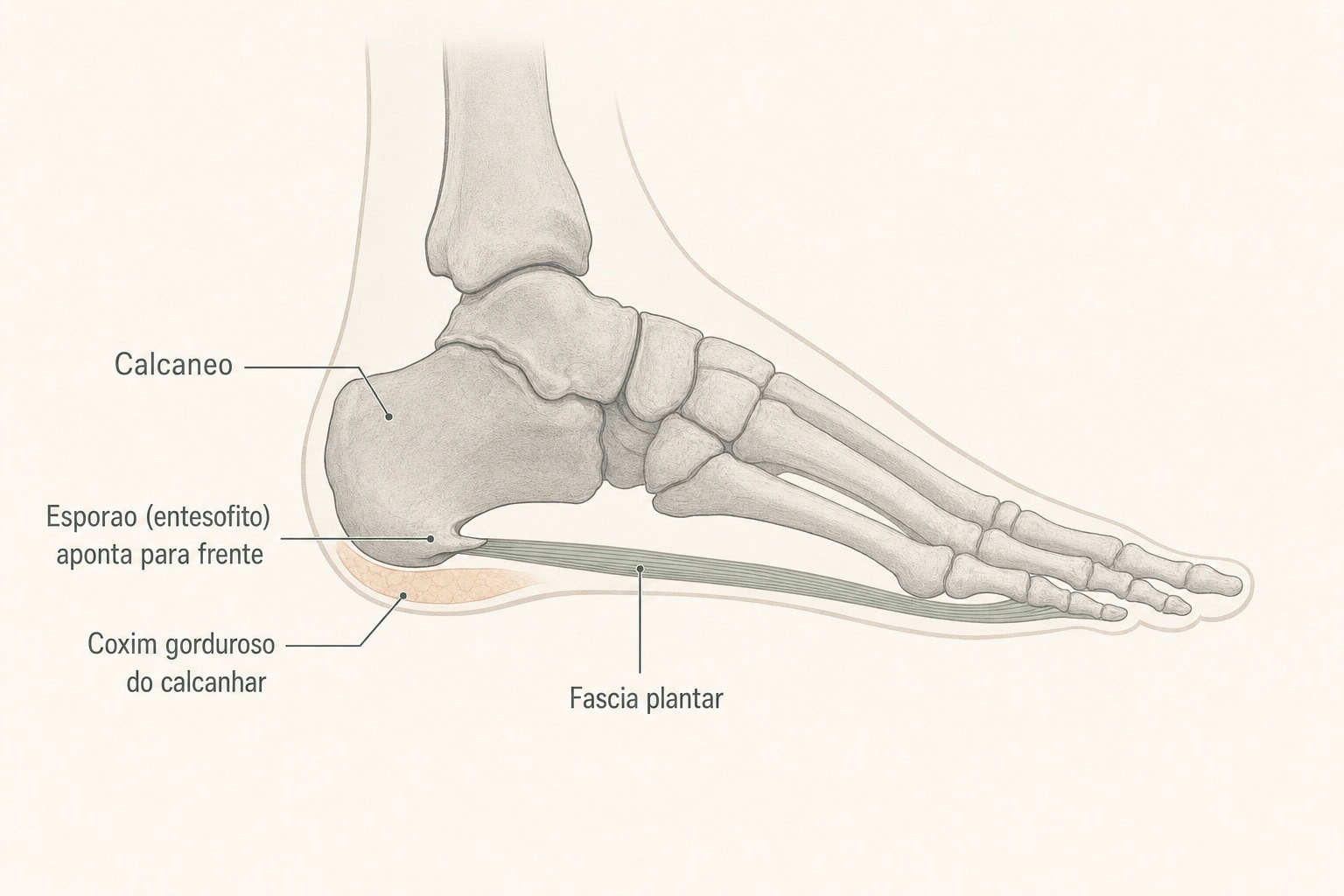 Render anatômico lateral do pe destacando esporão (entesófito) apontando para frente, coxim gorduroso do calcanhar e fáscia plantar