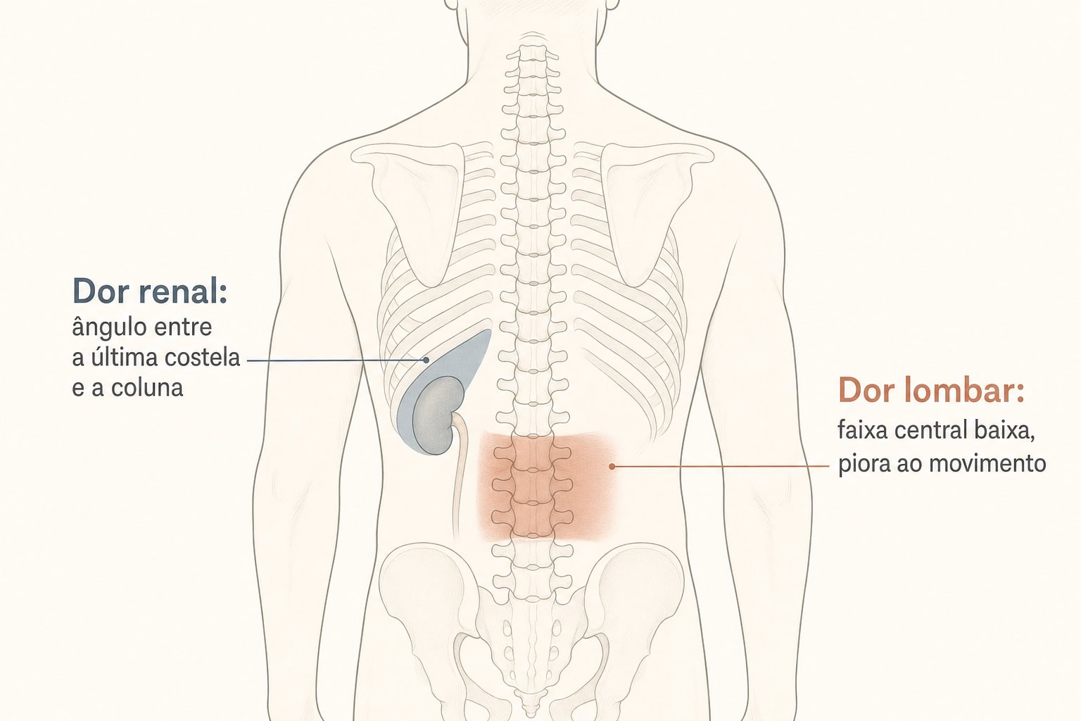 Comparação da localização da dor renal, no ângulo entre a última costela e a coluna, com a dor lombar, na faixa central baixa das costas, em vista posterior do tronco