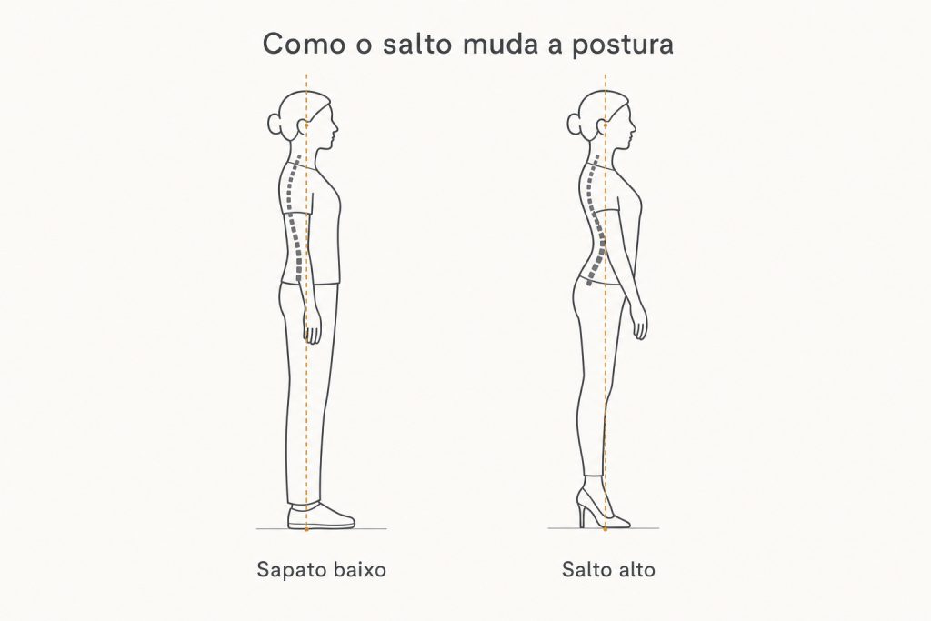 Comparação de perfil: postura com sapato baixo e com salto alto, com a curva lombar aumentada