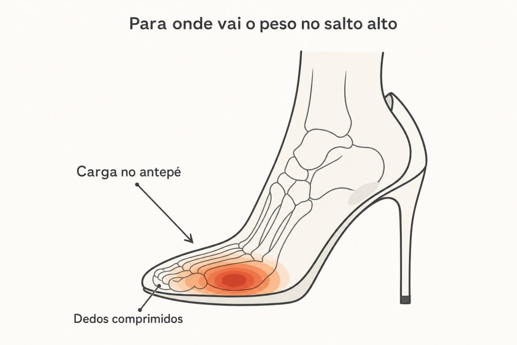 Pé em salto alto com a carga concentrada no antepé e os dedos comprimidos na ponta