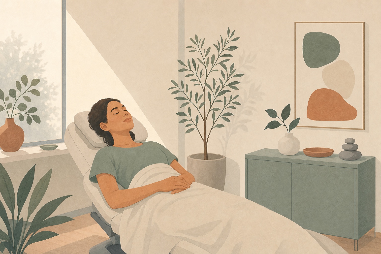 Ilustração editorial de uma pessoa descansando tranquila durante uma sessão de acupuntura, em um consultório calmo e acolhedor.