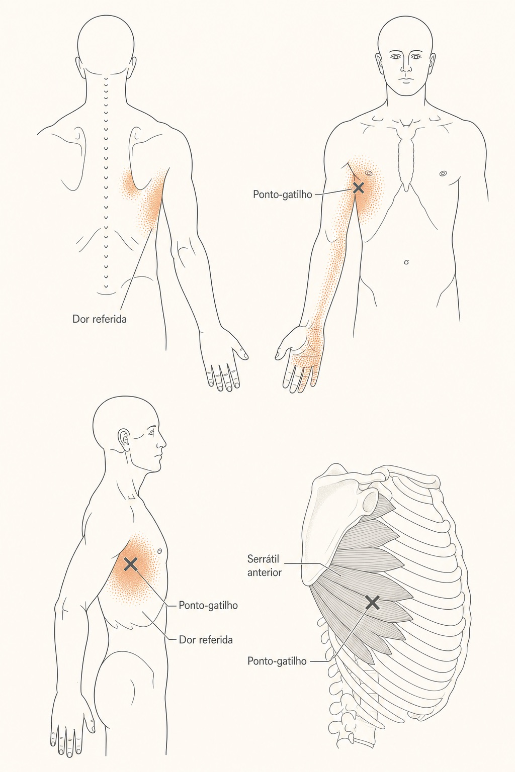 Dor no serrátil anterior: escápula e tórax 5 Diagrama do músculo serrátil anterior com ponto-gatilho (X) e a dor referida na lateral do tórax e ponta da escápula.