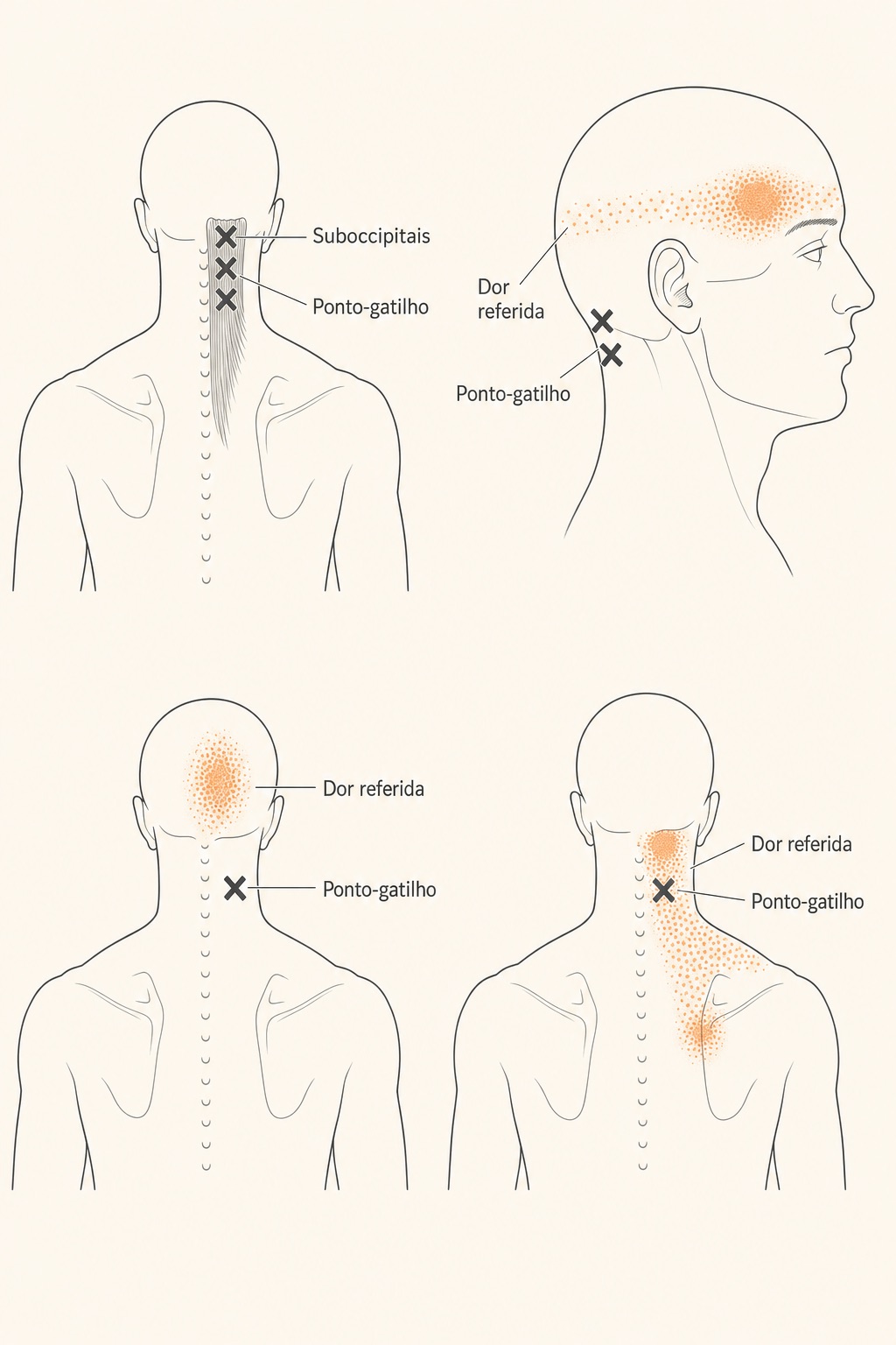 Diagrama dos músculos suboccipitais com pontos-gatilho (X) e a dor referida em faixa pela lateral da cabeça até o olho.