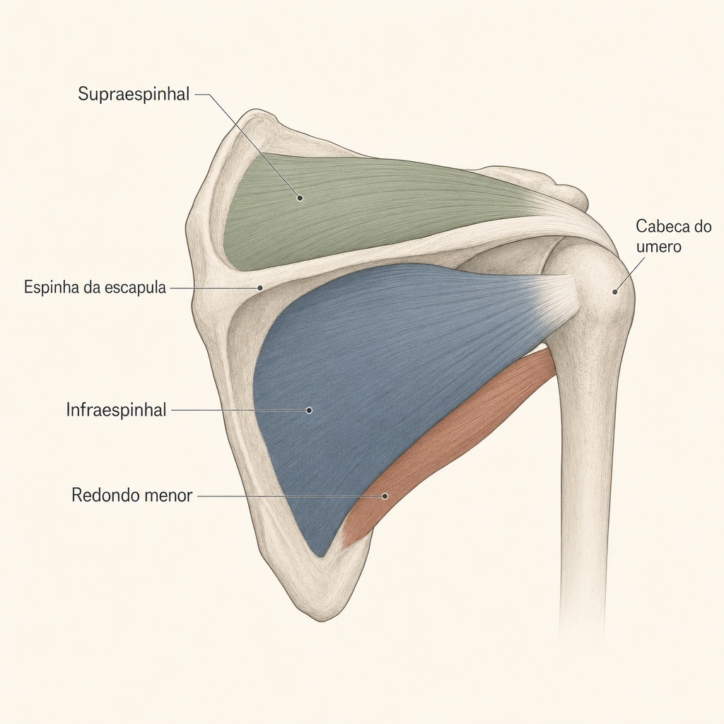 Anatomia do manguito rotador em vista posterior: o músculo supraespinhal acima da espinha da escápula e o infraespinhal abaixo dela, mostrando onde fica cada tendão no ombro