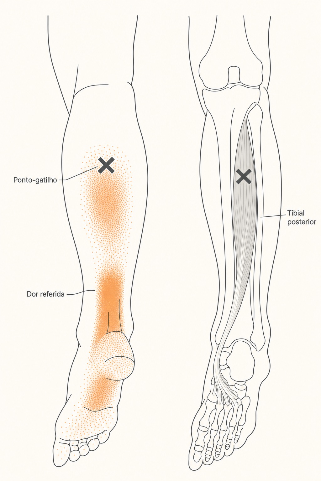 Diagrama do músculo tibial posterior com ponto-gatilho (X) e a dor referida no tendão de Aquiles, na panturrilha e na sola do pé.
