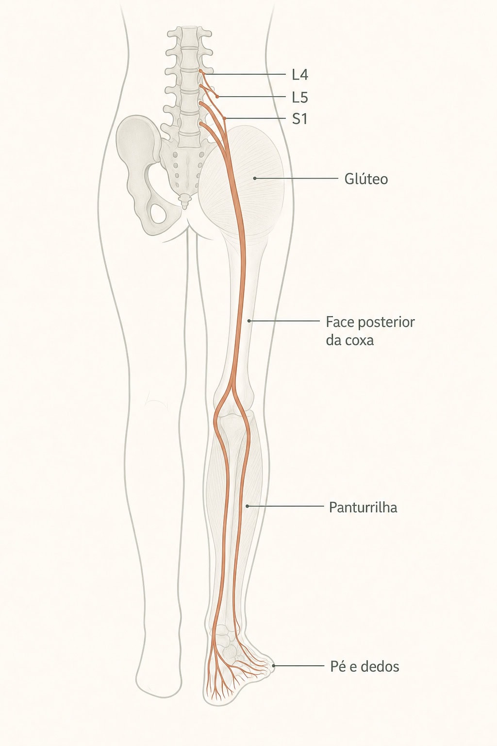 Trajeto do nervo ciático em vista posterior, das raízes L4, L5 e S1 na coluna lombar, passando pelo glúteo e face posterior da coxa até a panturrilha e o pé