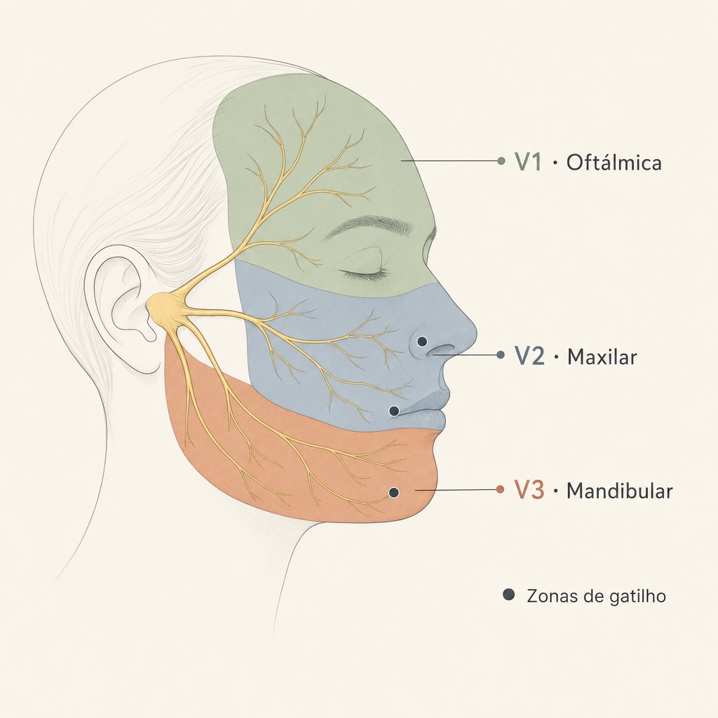 Diagrama do nervo trigêmeo na face com os três ramos identificados: V1 oftálmica na testa e olho, V2 maxilar na bochecha e lábio superior, V3 mandibular na mandíbula e queixo, com as zonas de gatilho marcadas