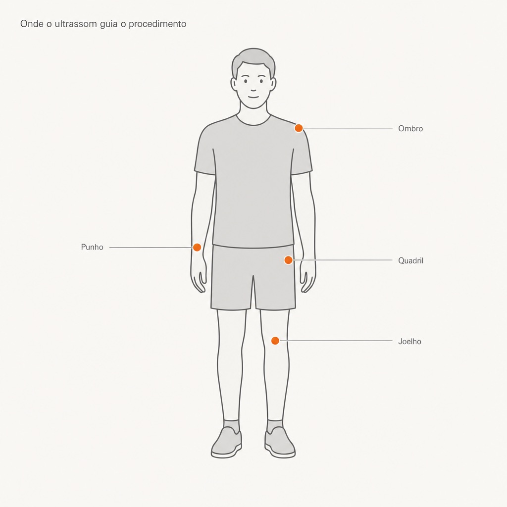 Mapa do corpo: regiões em que os procedimentos guiados por ultrassom ajudam — ombro, quadril, joelho e punho.