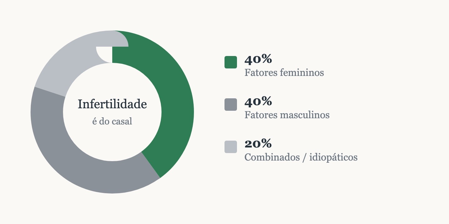 Gráfico de rosca das causas da infertilidade: 40% fatores femininos, 40% fatores masculinos e 20% causas combinadas ou idiopáticas.