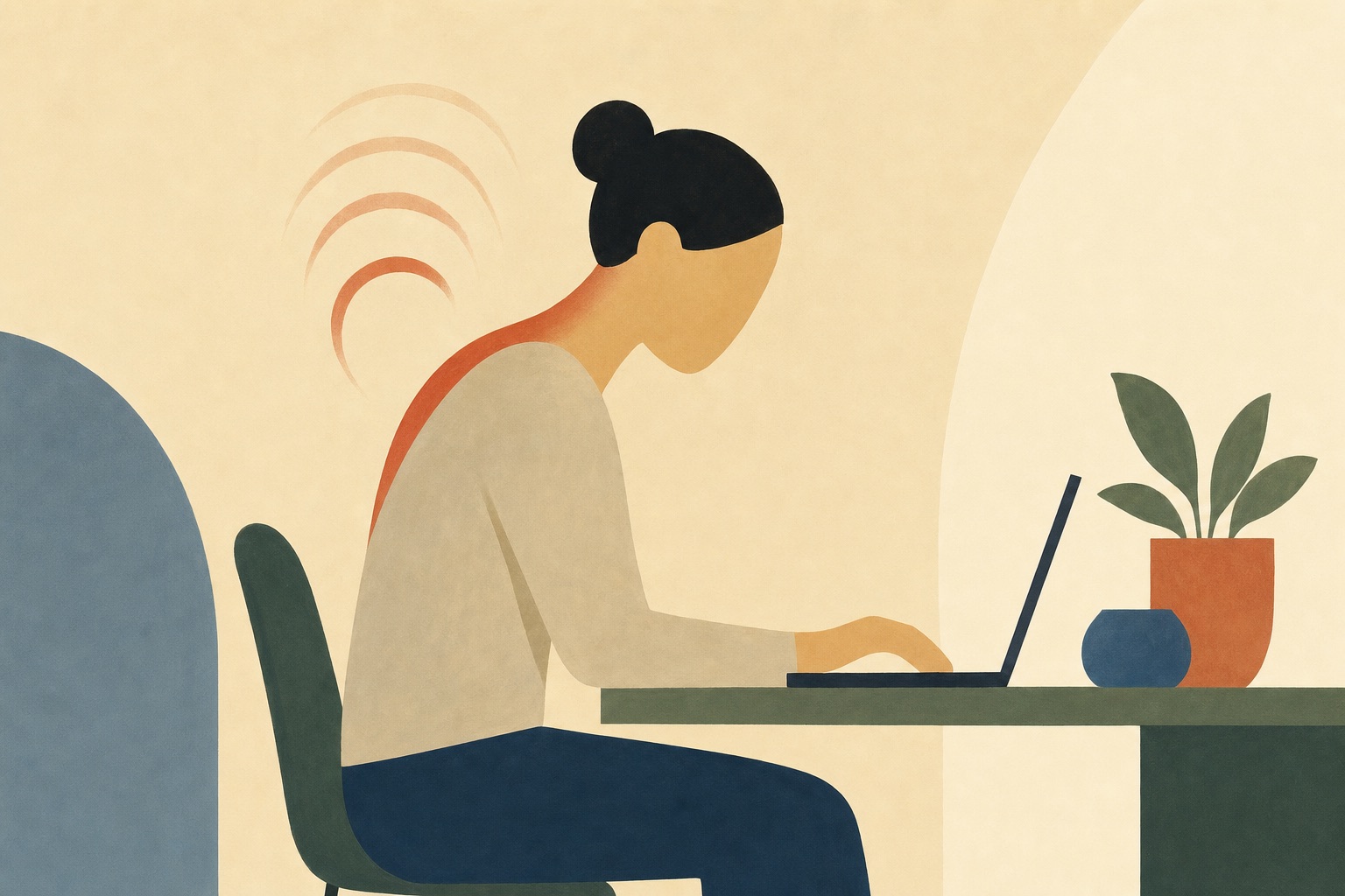 Ilustração editorial de pessoa trabalhando ao laptop com arco de tensão em terracota na nuca