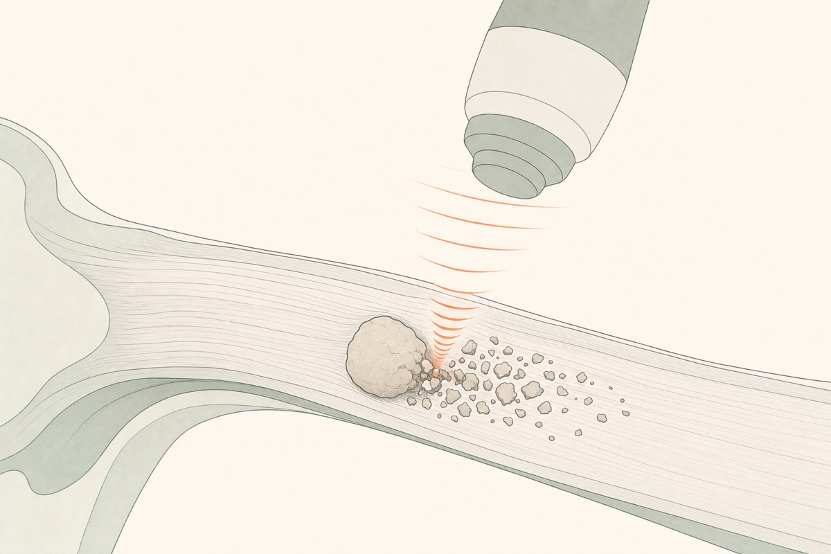 Ilustração do aplicador de onda focal fragmentando um depósito de cálcio dentro de um tendão