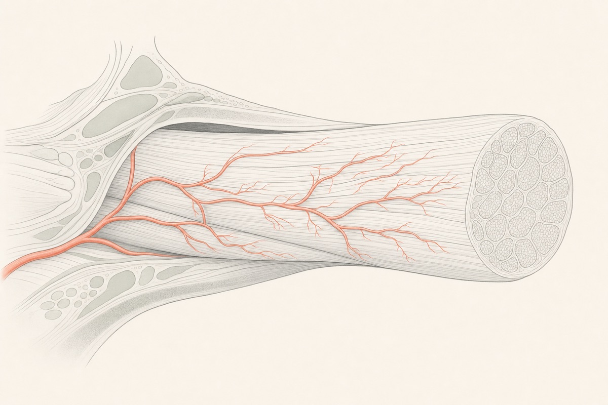 Ilustração de novos microvasos crescendo no interior de um tendão