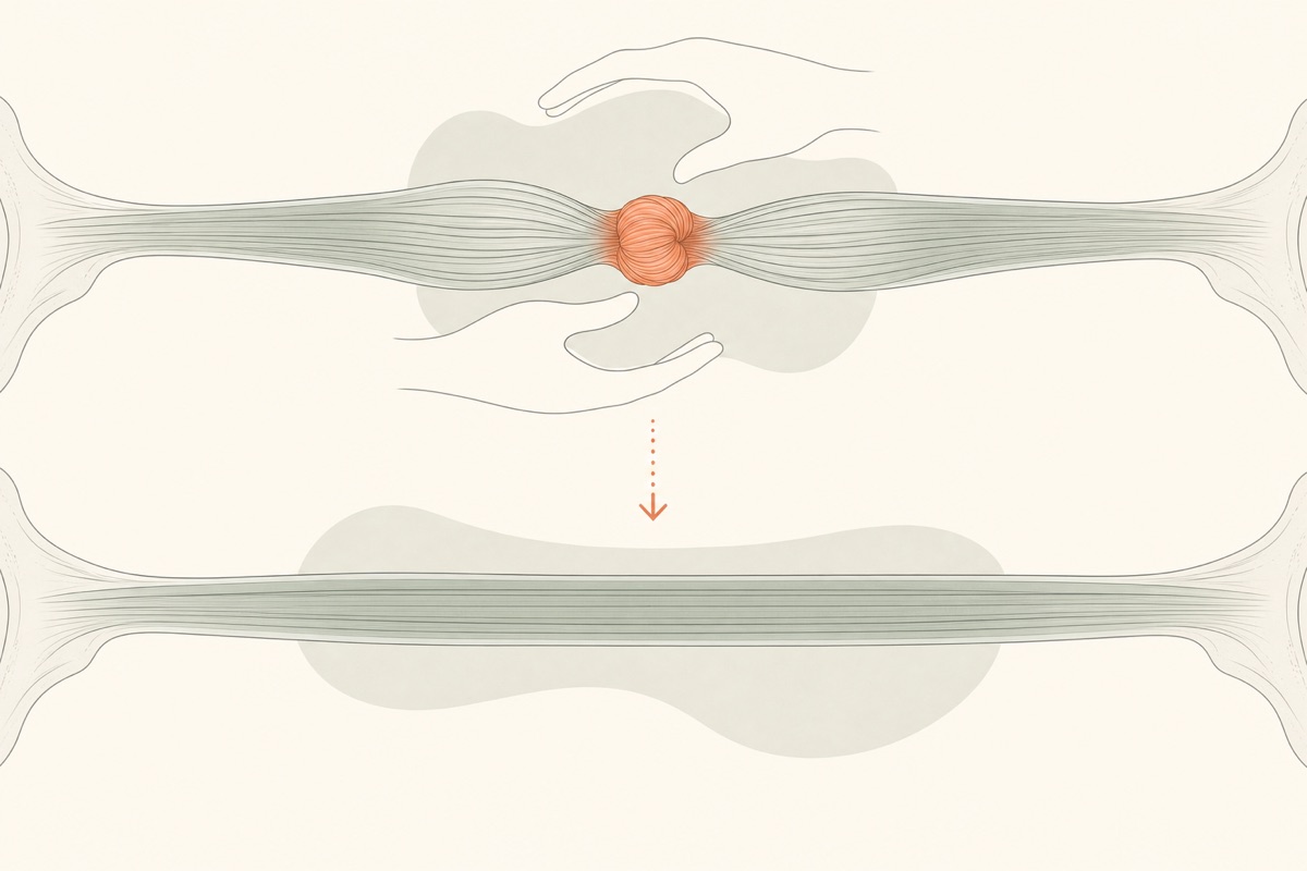 Ilustração de fibras musculares com um nó tenso que se solta e relaxa