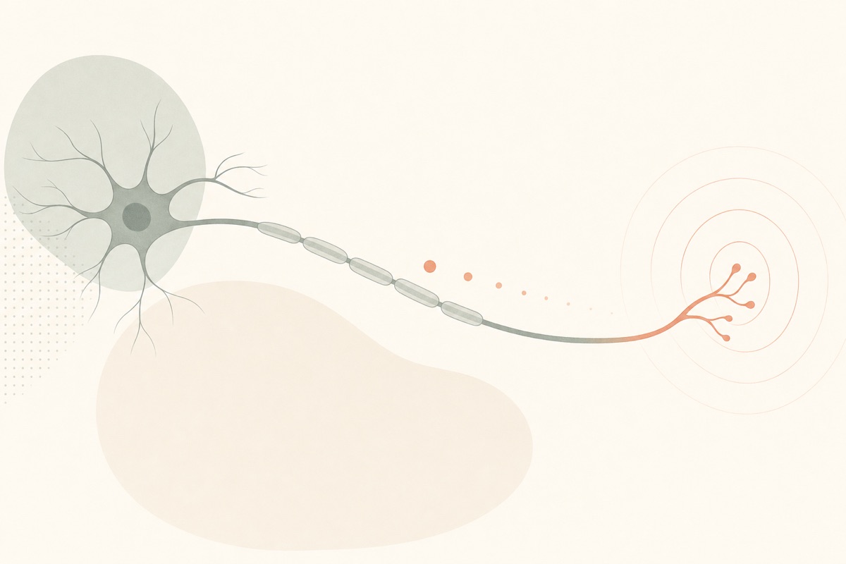 Ilustração de uma fibra nervosa com o sinal de dor diminuindo ao longo do trajeto