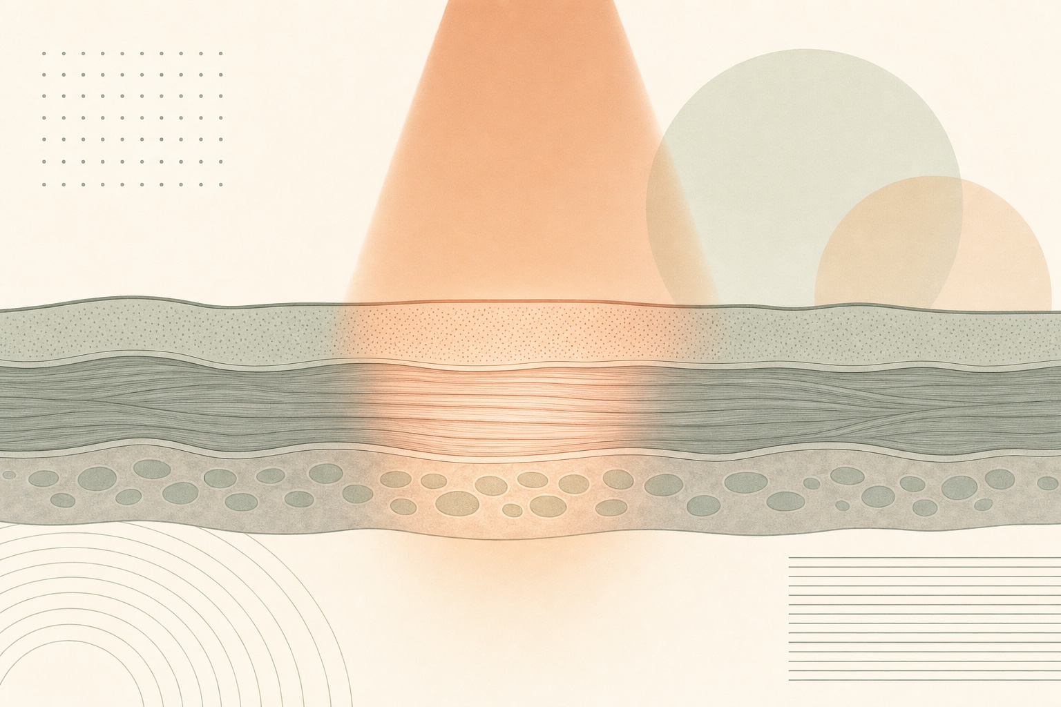 Ilustração abstrata de feixe de ultrassom atravessando camadas de tecido