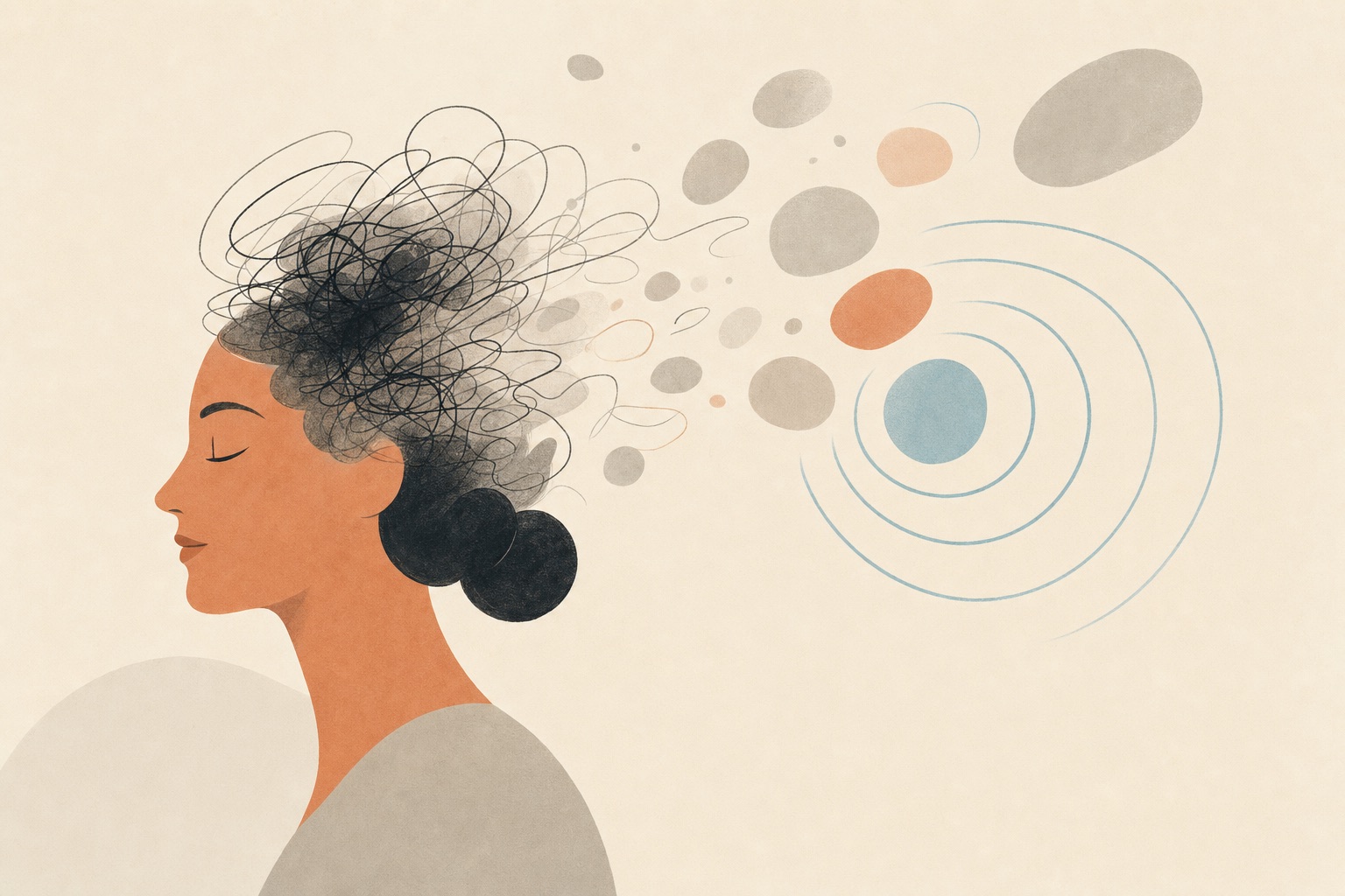 Ilustração editorial de um rosto de perfil, olhos fechados, com uma nuvem escura de dor de cabeça se dissolvendo em ondas calmas — o alívio da enxaqueca crônica.