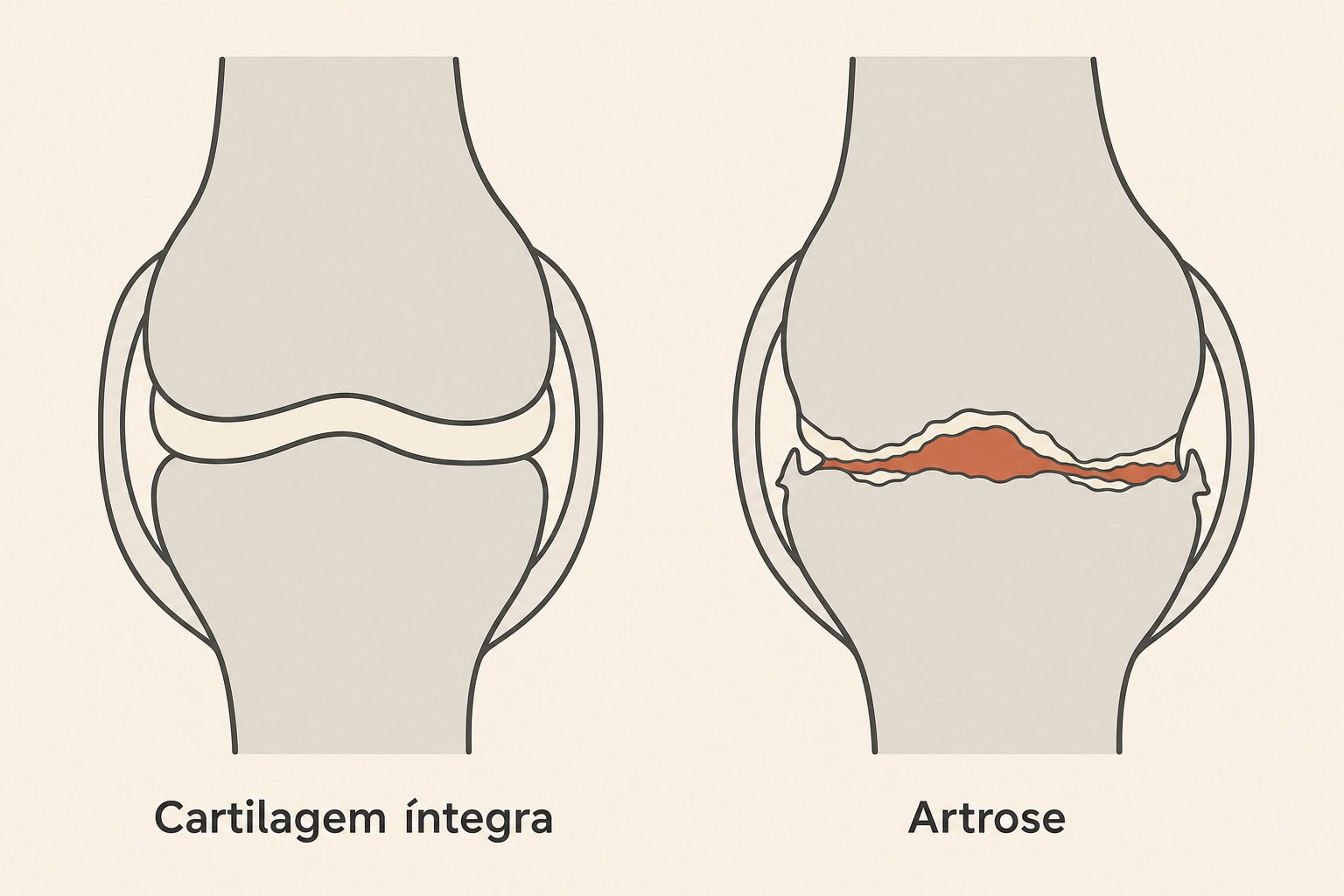 Comparação entre uma cartilagem íntegra do joelho e uma articulação com artrose e desgaste